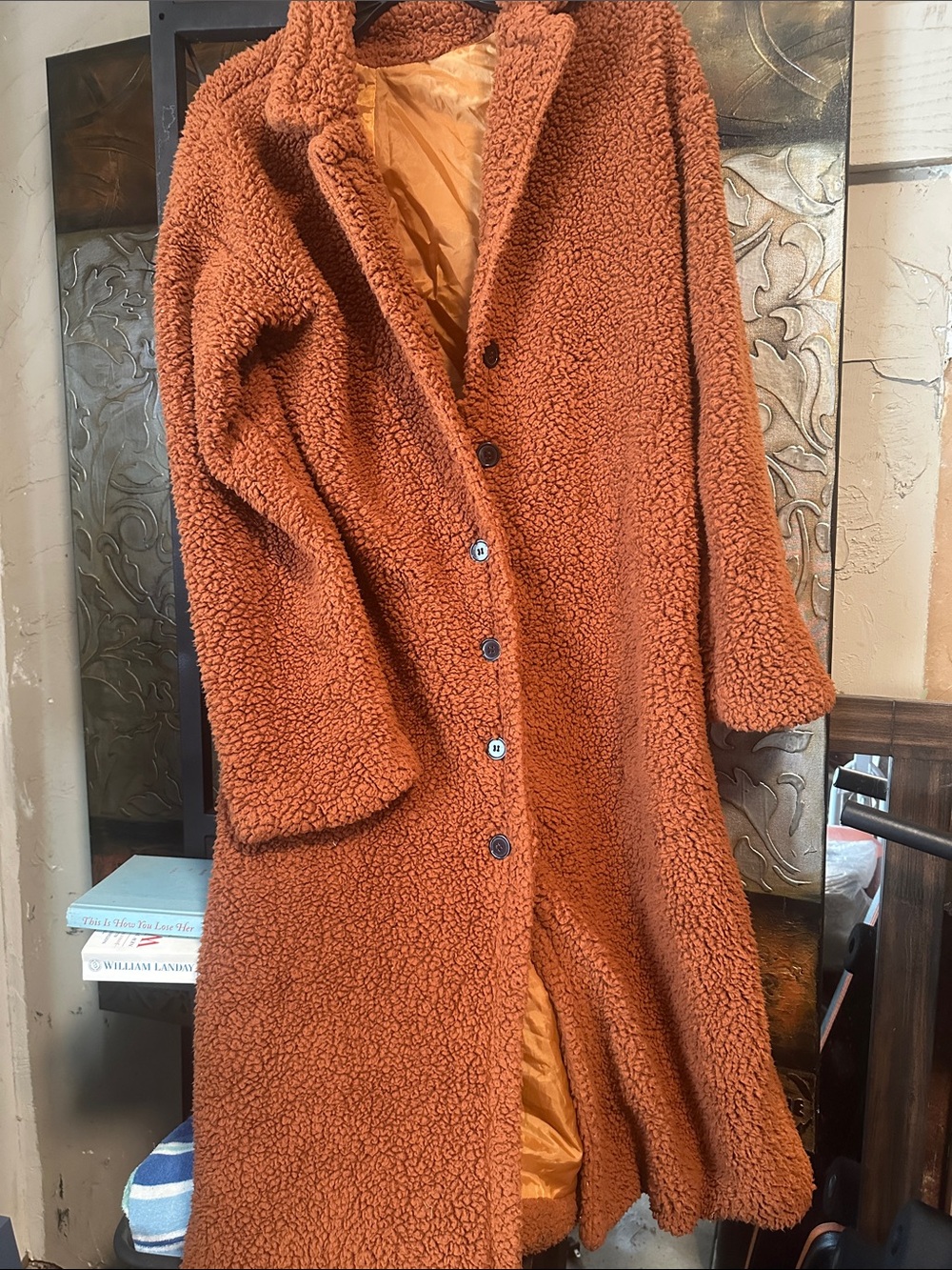 Cozy Teddy Button-Front Coat in Rust Orange